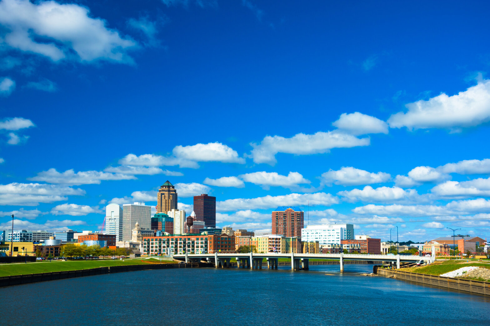 Des Moines, Iowa, downtown skyline on day with clear blue skies